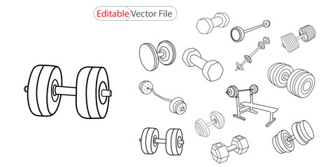 Continuous line drawing of hand holding dumbbells. Line art of dumbbell equipment. Gym dumbbell for exercise vector line art design. Linear icon collection. Editable stroke. Vector illustration.
