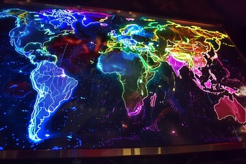 : A holographic map of the world, with continents glowing in different colors.