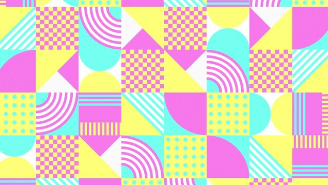 ピンク・黄色・水色の様々な形が正方形の中でアニメーションする幾何学的なループ背景