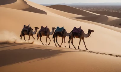 Foto op Plexiglas A caravan of camels slowly wanders through the dunes of the great desert. © sv_production