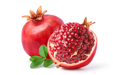 Fresh ripe pomegranate with cut in half isolated on white background.