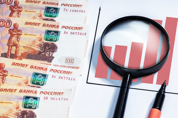 Growth of Russian economy. Ruble banknotes and chart of growth economy of Russia.