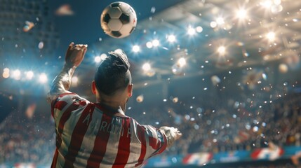 back view, Cinematic photograph of a soccer player arturo vidal playing a argentina soocer team t-shirt, scoring a header goal 