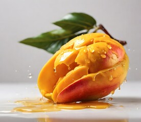 Mango placed on a white background with juice dripping from it.