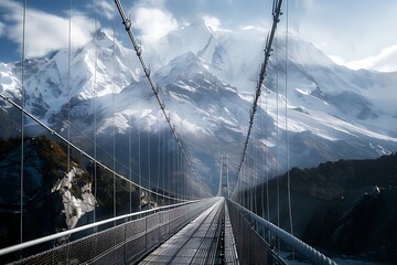: A majestic suspension bridge, its steel cables stretching gracefully across a vast canyon, dwarfed by the snow-capped peaks in the distance. Convey the bridge's engineering marvel and its 