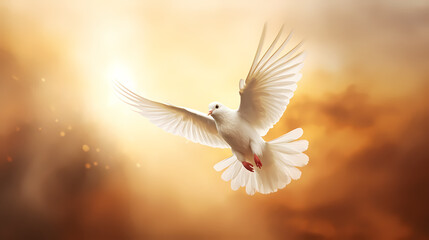 Beautiful white dove spreads its wings and flies in the sun