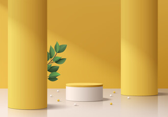 Realistic 3D yellow cylinder podium background with green leaf and huge pillars scene. Minimal scene, abstract mockup product display presentation, 3D Stage showcase. Platforms vector geometric design