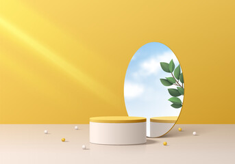 Realistic 3D yellow cylinder podium background with leaf, blue sky reflect in circle mirror glass. Minimal scene abstract mockup product display presentation, Stage showcase. Platforms vector design.