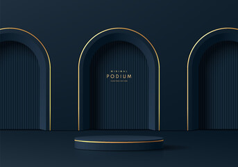 Realistic 3D dark blue cylinder podium background with 3 arch gate, luxury golden stripes lines. Minimal abstract mockup product display presentation, Stage showcase. Platforms vector geometric design