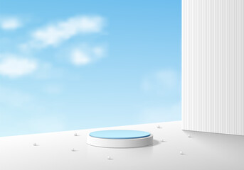 Realistic white 3D cylinder podium background on white floor and sunny blue sky scene. Minimal mockup or abstract product display presentation, Stage for showcase. Platforms vector geometric design.