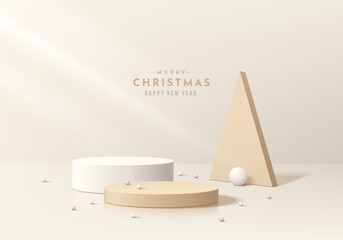 Realistic 3D cream cylinder podium background with ball and triangle backdrop in merry christmas concept. Minimal scene mockup product stage showcase Promotion display. Abstract vector geometric forms