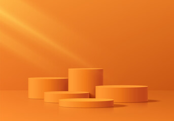 Realistic orange 3D cylinder podium pedestal set background in empty space studio room. Minimal scene, mockup abstract product display presentation, Stage showcase. Platforms vector geometric design.