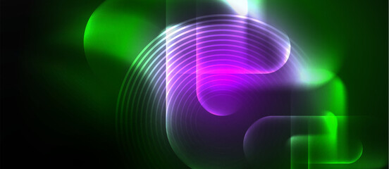 A mesmerizing visual effect lighting featuring a vibrant green and purple glowing circle on a dark black background, creating a stunning pattern reminiscent of electric blue and magenta hues