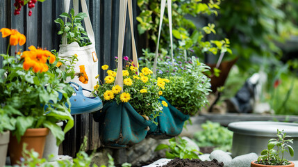 Outdoor garden plants suspended in colorful shoes