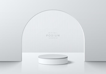 Realistic white 3D cylindrical product podium background in arch gate backdrop wall scene. Abstract minimal 3D mockup, Product display presentation, Stage showcase. Platforms vector geometric design.