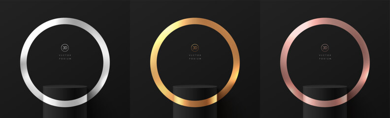 Set of realistic 3D black cylinder product podium with silver, golden, rose gold circles ring scene. Abstract minimal 3D mockup display presentation, Stage showcase. Platforms vector geometric design.