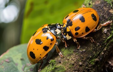 Fototapeta premium Orange Ladybugs on Leaf