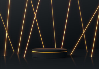 Realistic black 3D cylinder product podium background with golden neon lighting lines wall scene. Abstract minimal 3D mockup display presentation, Stage showcase. Platforms vector geometric design.