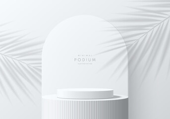 Realistic white 3D cylindrical product podium background on white huge pillar scene. Abstract luxury minimal 3D mockup, Product display presentation, Stage showcase. Platforms vector geometric design.