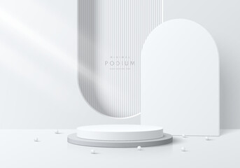 Realistic white 3D cylindrical product podium background with arch window wall scene. Abstract minimal 3D mockup, Banner product display presentation, Stage showcase. Platforms vector geometric design