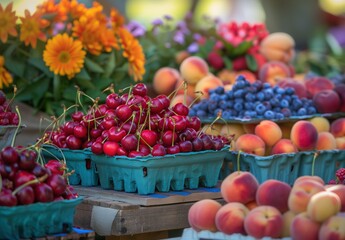 A colorful display of fresh fruits at an outdoor farmers' market, including peaches, blueberries and cherries in small baskets. 