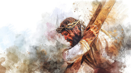 Jesus Carrying the Cross: Digital Watercolor Artwork