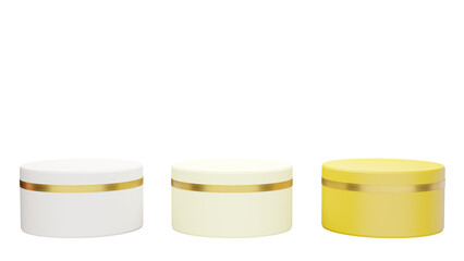 three containers with lids are shown in a row