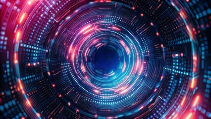 Obraz premium Abstract digital background with a futuristic glowing circular tunnel and binary code pattern