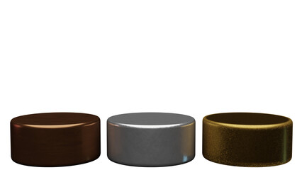 three different colored containers are shown in a row