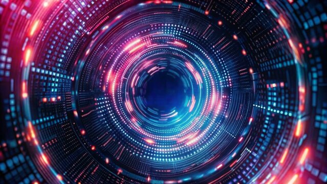 Abstract digital background with a futuristic glowing circular tunnel and binary code pattern