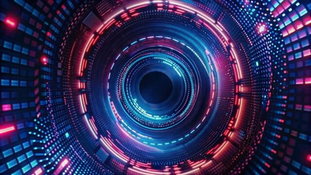 Abstract digital background with a futuristic glowing circular tunnel and binary code pattern