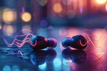 : A pair of wireless earbuds on a table, with sound waves emanating from them. - obrazy, fototapety, plakaty