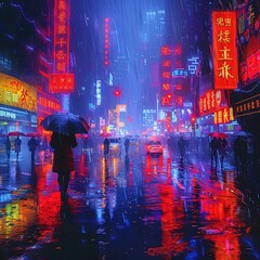 people walking in the rain in a city at night