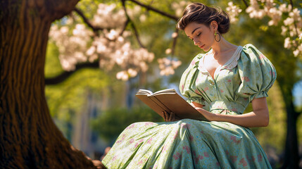 Serene Young Woman Reading a Book Under Cherry Blossoms in a Sunlit Park - Vintage Style Portrait - obrazy, fototapety, plakaty