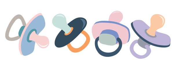 Cute baby girl pacifier vector set isolated white background.