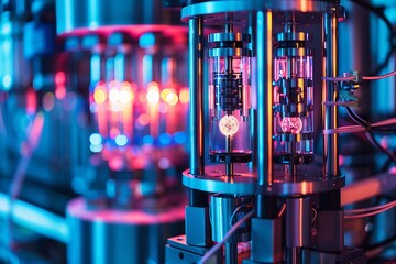 : A quantum computer with glowing qubits in a high-tech lab.
