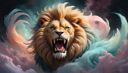 Fantasy Illustration of a wild animal lion. Digital art style wallpaper background in pastel colors