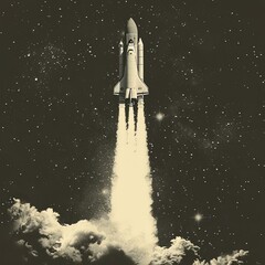 a black and white photo of a space shuttle taking off