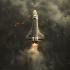 a space shuttle flying through the sky with clouds