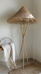 Rustic Woven Lamp Stand in a Cozy Corner with a Towel and Basket