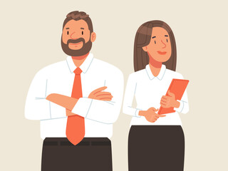 Happy business couple. Portrait of company employees. A man and a woman in business attire. Vector illustration - 790558708