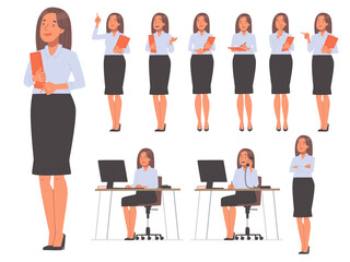Set of female secretary character. Businesswoman in various actions and poses on a white background. Vector illustration - 790558711