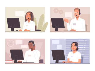 Call center. Hotline. Customer support staff with headsets, operators. Vector illustration - 790558712