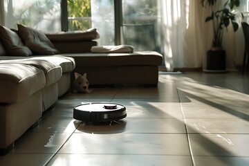 : A robotic vacuum cleaner navigating a room, with a path of clean floor behind it. - obrazy, fototapety, plakaty