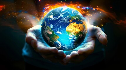 A hand is holding a globe with a blue and green color