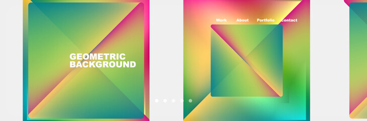 Explore a collection of vibrant geometric backgrounds with a rainbow of colors, featuring rectangles, triangles, patterns, symmetry, and shades like magenta and electric blue