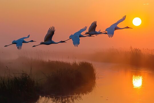 A serene scene of elegant white cranes flying in formation above tranquil wetlands shrouded
