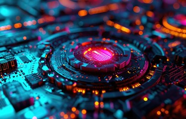 Futuristic CPU on Illuminated Circuit Board