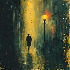 painting of a man walking down a street in the rain