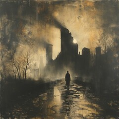 painting of a man walking down a wet road in front of a building